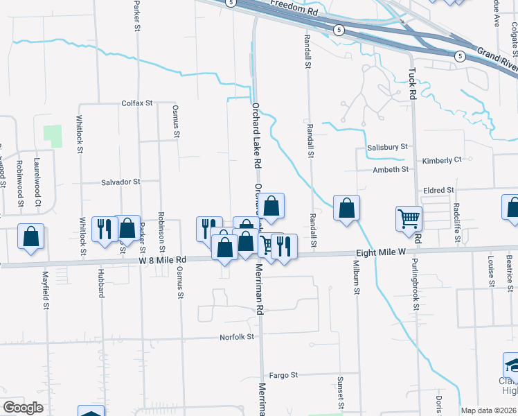map of restaurants, bars, coffee shops, grocery stores, and more near 20800 Orchard Lake Road in Farmington Hills