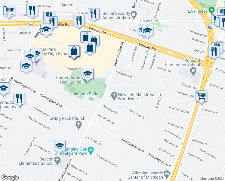 map of restaurants, bars, coffee shops, grocery stores, and more near 19636 Country Club Drive in Harper Woods