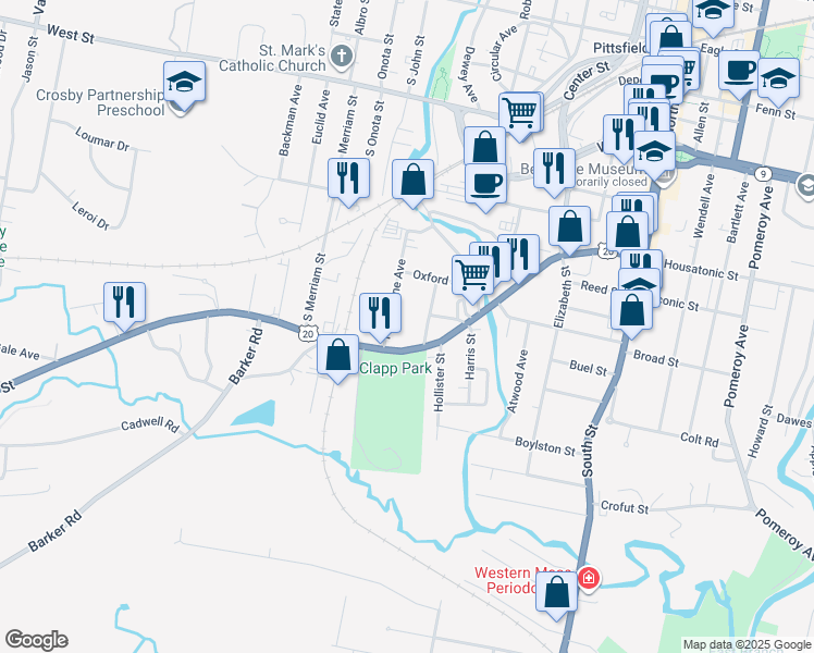 map of restaurants, bars, coffee shops, grocery stores, and more near 200 West Housatonic Street in Pittsfield
