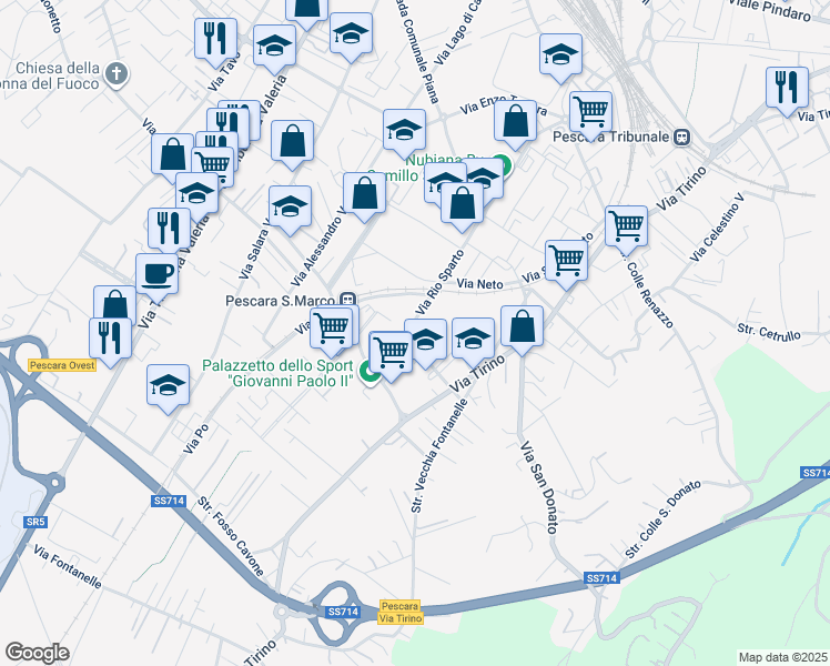 map of restaurants, bars, coffee shops, grocery stores, and more near Via Rio Sparto in Pescara