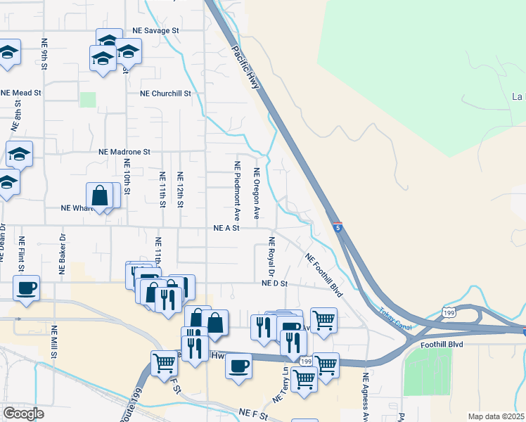 map of restaurants, bars, coffee shops, grocery stores, and more near 739 Northeast Oregon Avenue in Grants Pass
