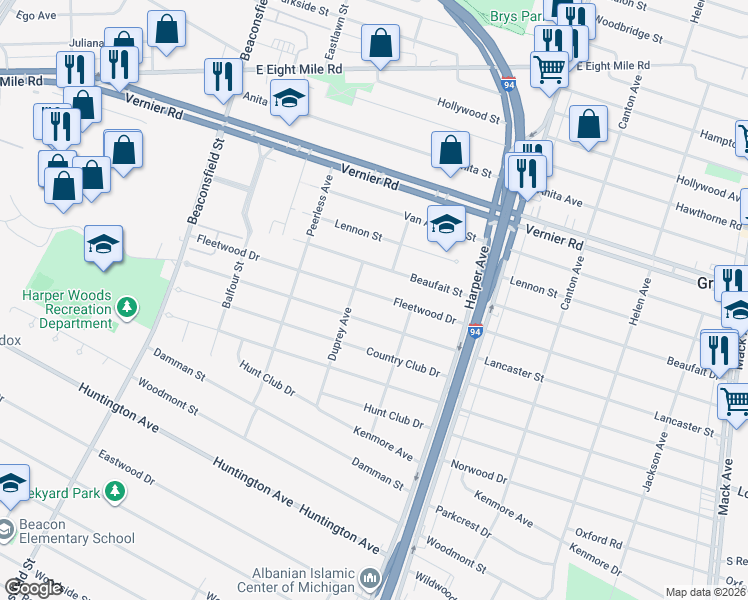 map of restaurants, bars, coffee shops, grocery stores, and more near 20419 Fleetwood Drive in Harper Woods