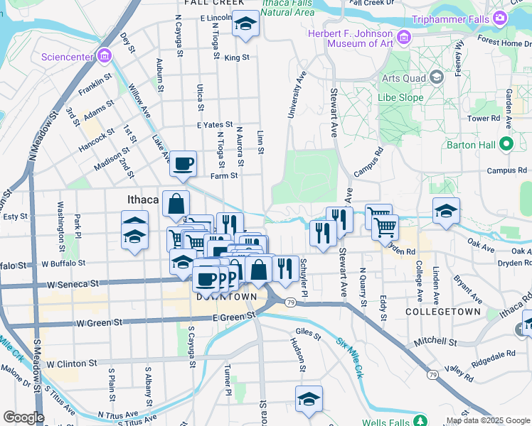 map of restaurants, bars, coffee shops, grocery stores, and more near University Ave & Linn St in Ithaca