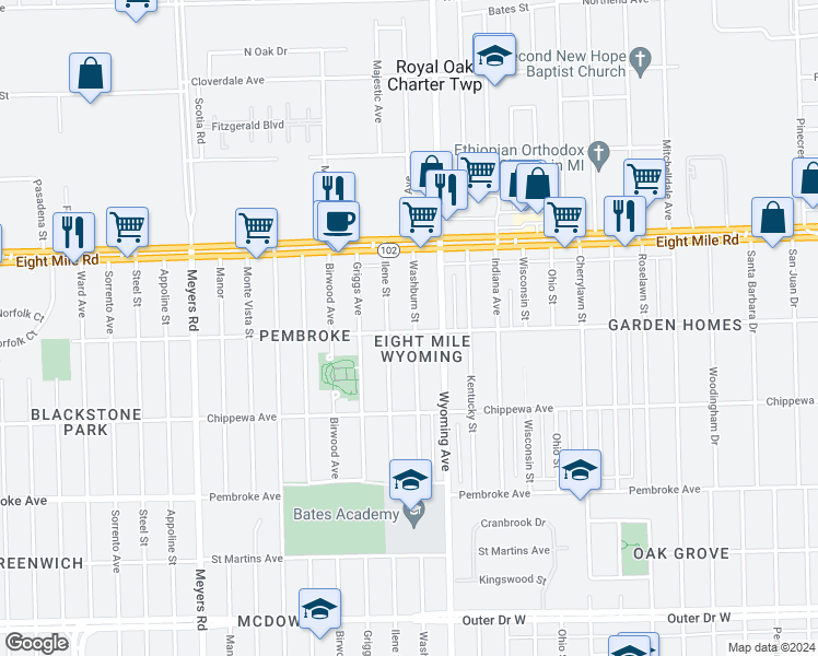 map of restaurants, bars, coffee shops, grocery stores, and more near 20401 Washburn Street in Detroit