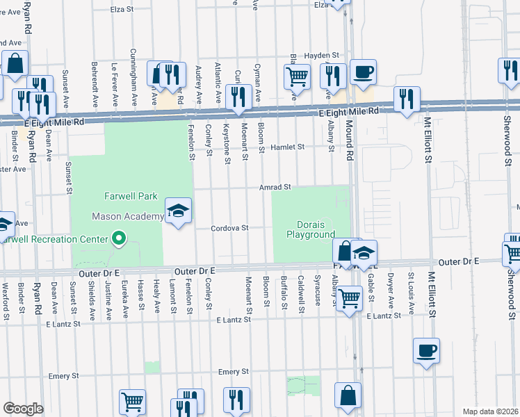 map of restaurants, bars, coffee shops, grocery stores, and more near 20100 Moenart Street in Detroit