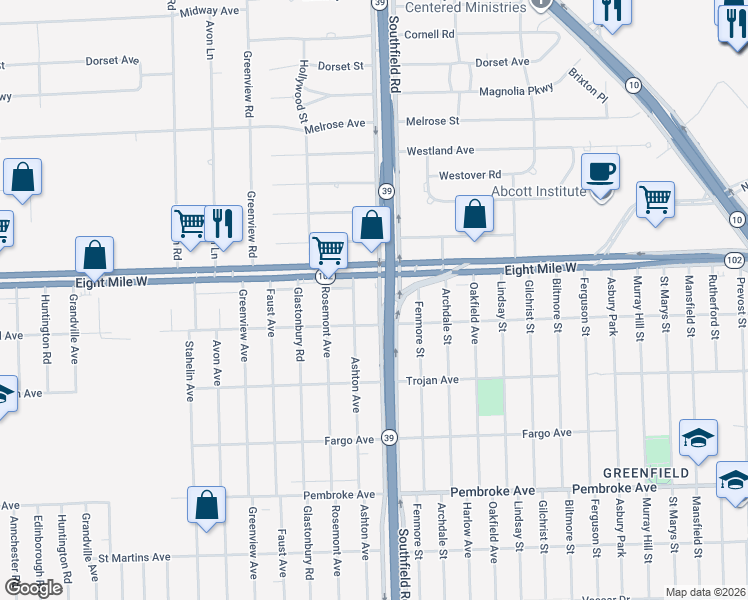 map of restaurants, bars, coffee shops, grocery stores, and more near 18111 Eight Mile Road in Detroit