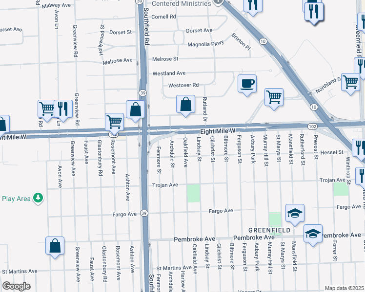 map of restaurants, bars, coffee shops, grocery stores, and more near 17545 Eight Mile Road in Detroit