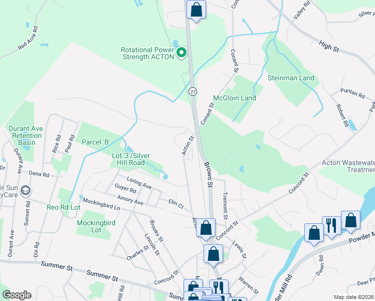map of restaurants, bars, coffee shops, grocery stores, and more near 129A Acton Street in Maynard