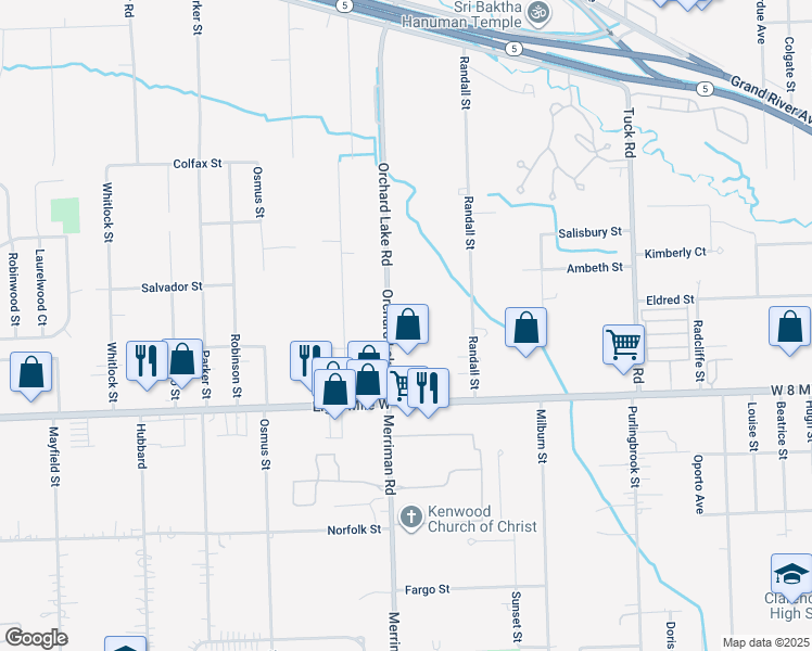 map of restaurants, bars, coffee shops, grocery stores, and more near 20800 Orchard Lake Road in Farmington Hills