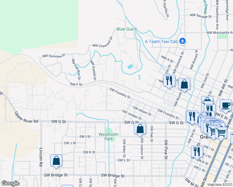 map of restaurants, bars, coffee shops, grocery stores, and more near 1334 Southwest Foundry Street in Grants Pass