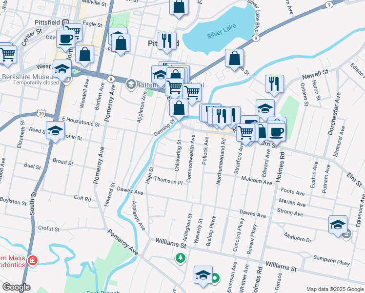 map of restaurants, bars, coffee shops, grocery stores, and more near 39 Massachusetts Avenue in Pittsfield