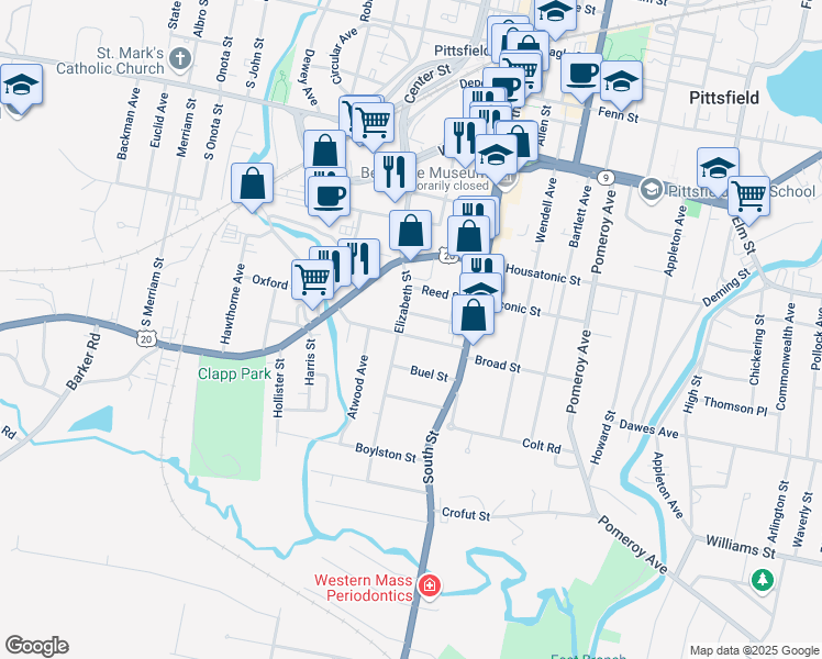 map of restaurants, bars, coffee shops, grocery stores, and more near 34 Clinton Avenue in Pittsfield