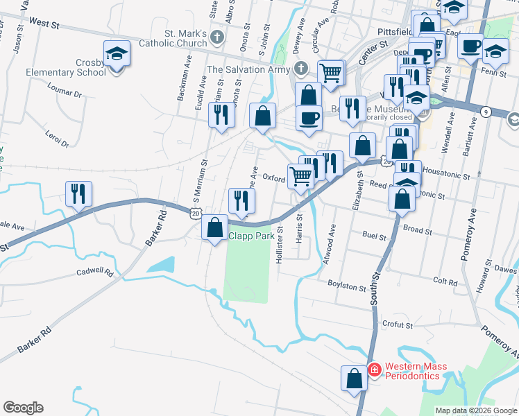 map of restaurants, bars, coffee shops, grocery stores, and more near 40 Hawthorne Avenue in Pittsfield