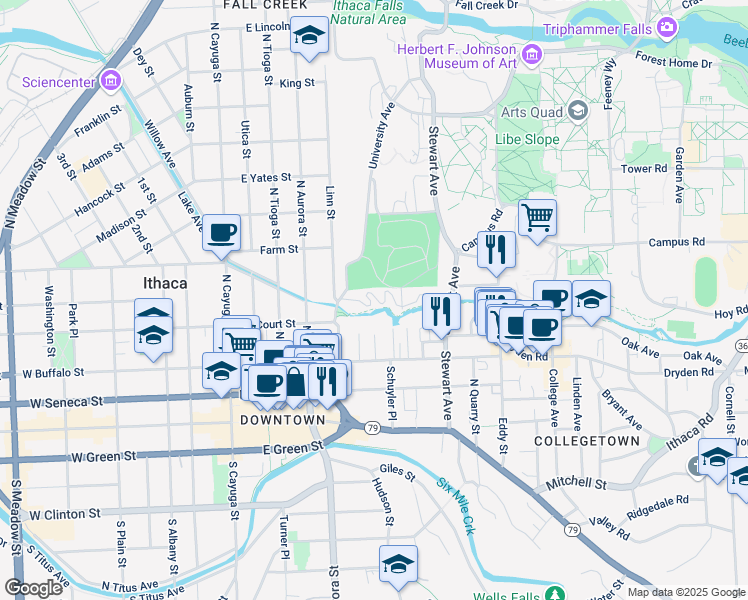 map of restaurants, bars, coffee shops, grocery stores, and more near City of Ithaca Cemetery in Ithaca