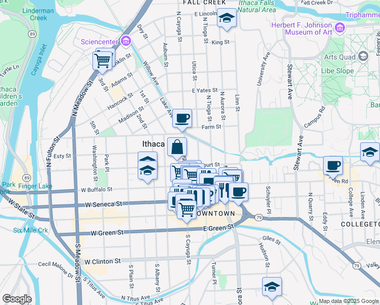 map of restaurants, bars, coffee shops, grocery stores, and more near 126 Sears Street in Ithaca