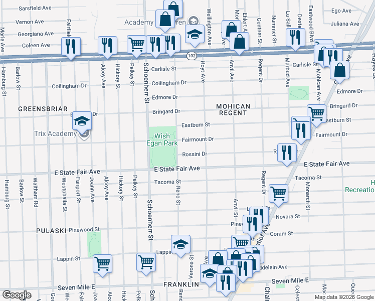 map of restaurants, bars, coffee shops, grocery stores, and more near 13874 Fairmount Drive in Detroit