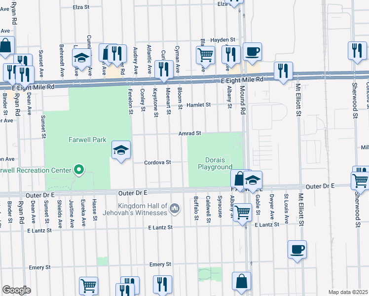 map of restaurants, bars, coffee shops, grocery stores, and more near 20104 Bloom Street in Detroit