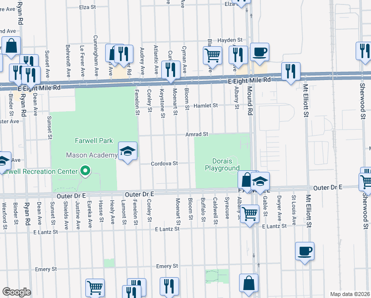map of restaurants, bars, coffee shops, grocery stores, and more near 20100 Moenart Street in Detroit
