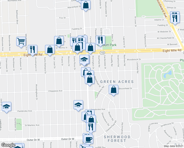 map of restaurants, bars, coffee shops, grocery stores, and more near 20414 Warrington Drive in Detroit