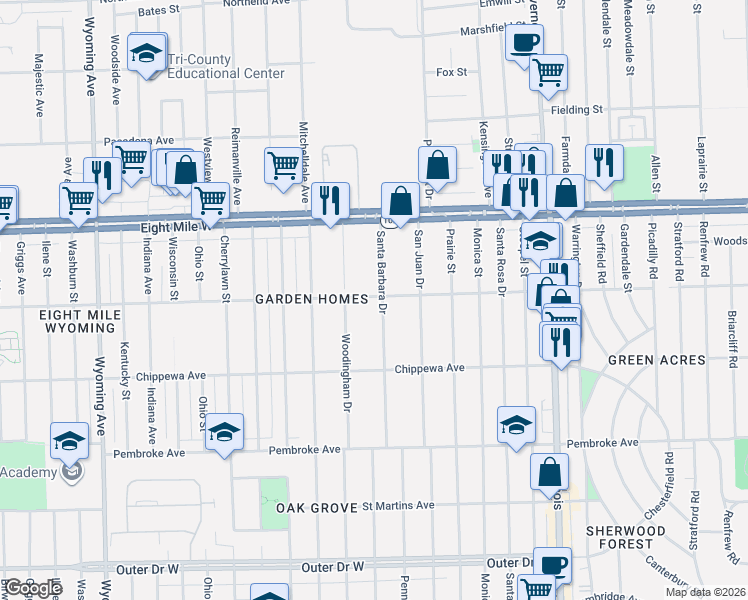 map of restaurants, bars, coffee shops, grocery stores, and more near 20435 Santa Barbara Drive in Detroit
