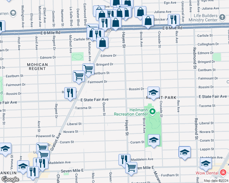 map of restaurants, bars, coffee shops, grocery stores, and more near 14974 Rossini Drive in Detroit