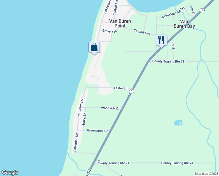 map of restaurants, bars, coffee shops, grocery stores, and more near Tastor Lane in Chautauqua County