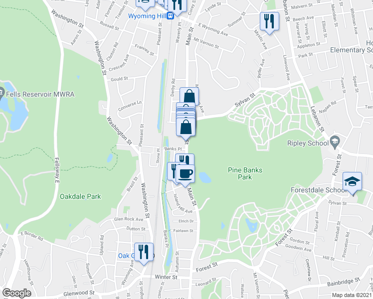 map of restaurants, bars, coffee shops, grocery stores, and more near Main St & Banks Pl in Melrose