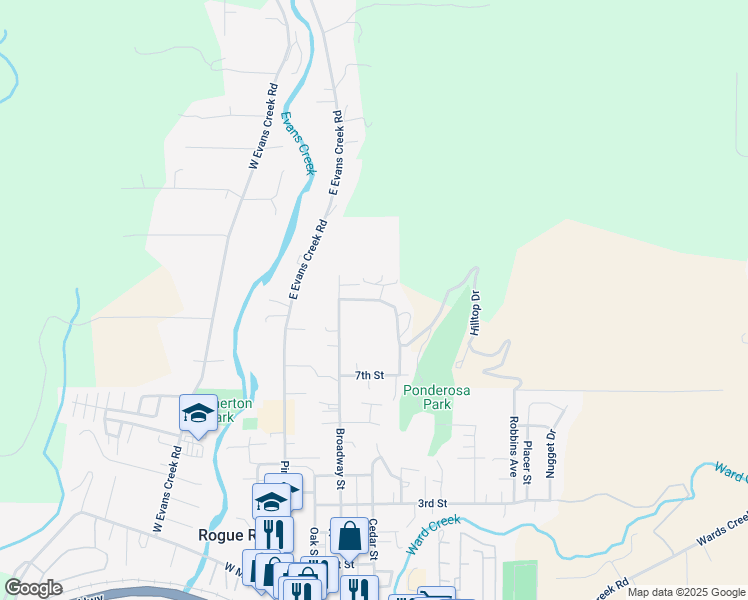map of restaurants, bars, coffee shops, grocery stores, and more near 405 Valley View Drive in Rogue River