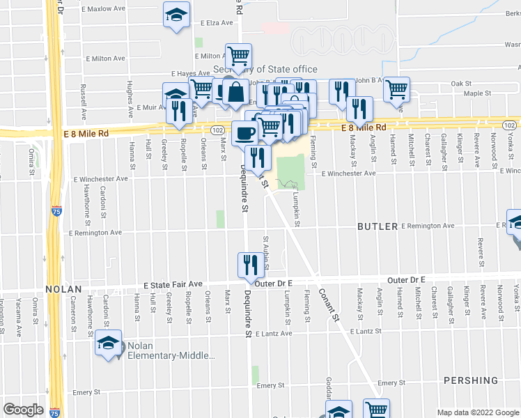 map of restaurants, bars, coffee shops, grocery stores, and more near 20161 St Aubin St in Detroit