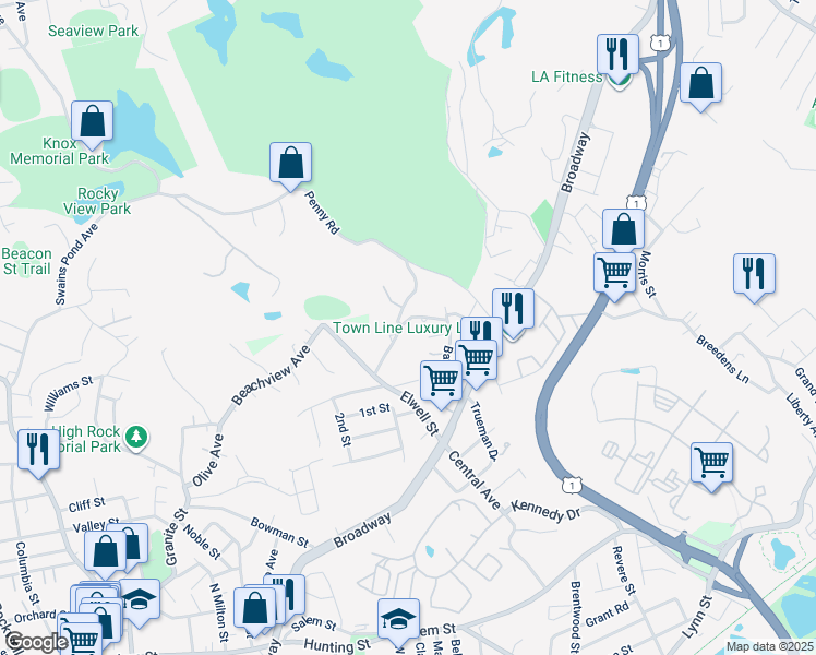 map of restaurants, bars, coffee shops, grocery stores, and more near 42 Loomis Street in Malden