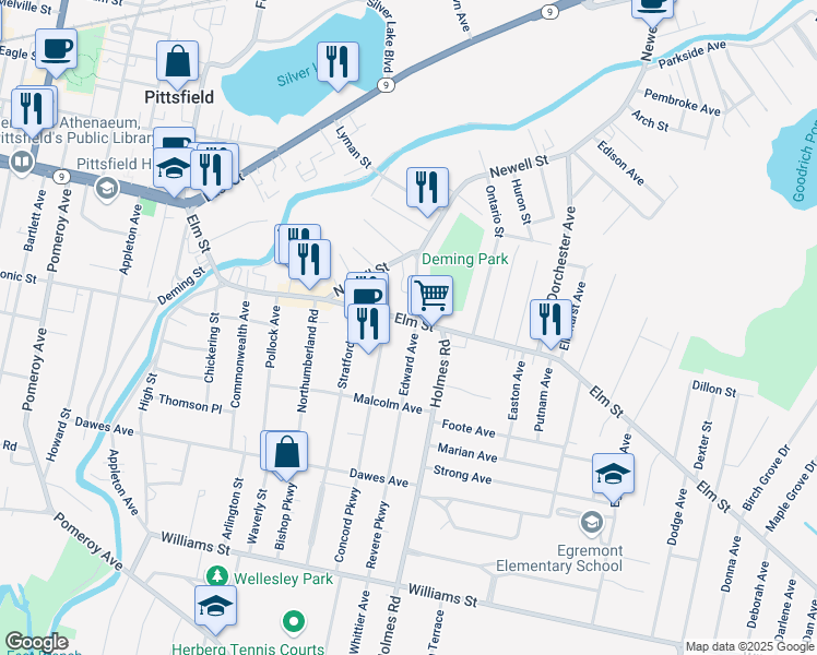map of restaurants, bars, coffee shops, grocery stores, and more near 12 Meadow Ln in Pittsfield
