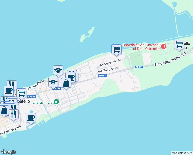 map of restaurants, bars, coffee shops, grocery stores, and more near Strada Statale 440 in Orbetello