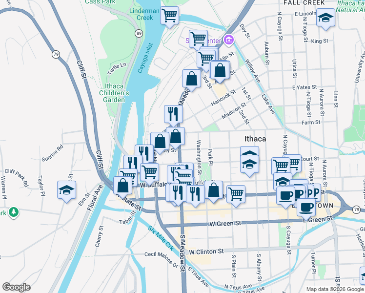 map of restaurants, bars, coffee shops, grocery stores, and more near 508-20 North Meadow Street in Ithaca