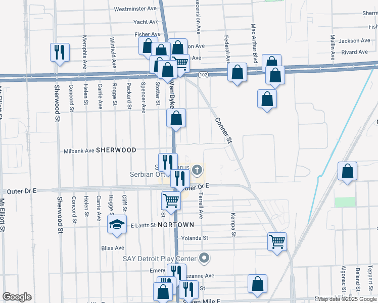 map of restaurants, bars, coffee shops, grocery stores, and more near 4663 Outer Drive East in Detroit