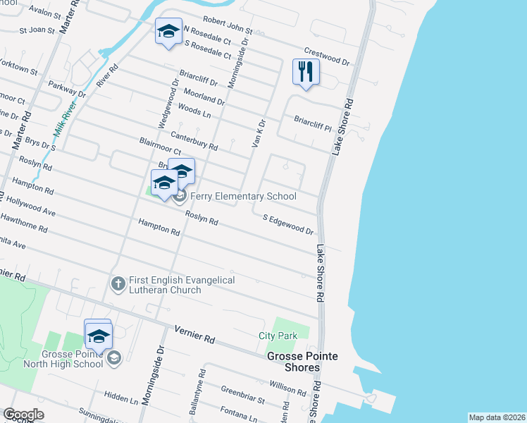 map of restaurants, bars, coffee shops, grocery stores, and more near 85 North Edgewood Drive in Grosse Pointe Shores