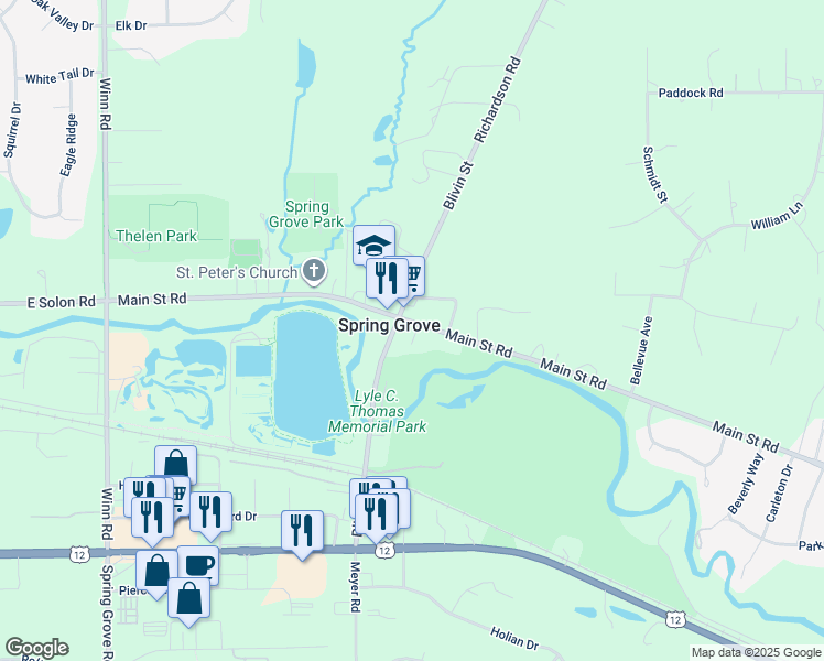 map of restaurants, bars, coffee shops, grocery stores, and more near 1921 Main Street Road in Spring Grove