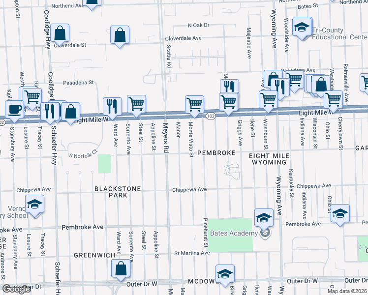 map of restaurants, bars, coffee shops, grocery stores, and more near 20468 Monte Vista Street in Detroit