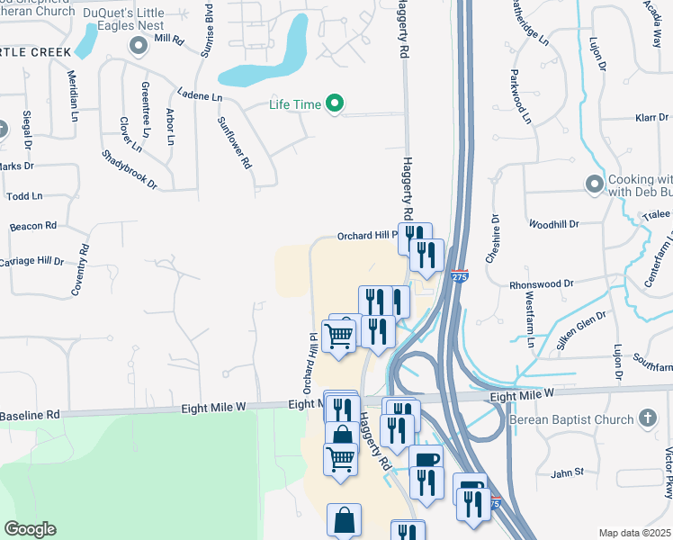 map of restaurants, bars, coffee shops, grocery stores, and more near 39555 Orchard Hill Place in Novi