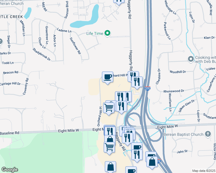 map of restaurants, bars, coffee shops, grocery stores, and more near 39555 Orchard Hill Place in Novi