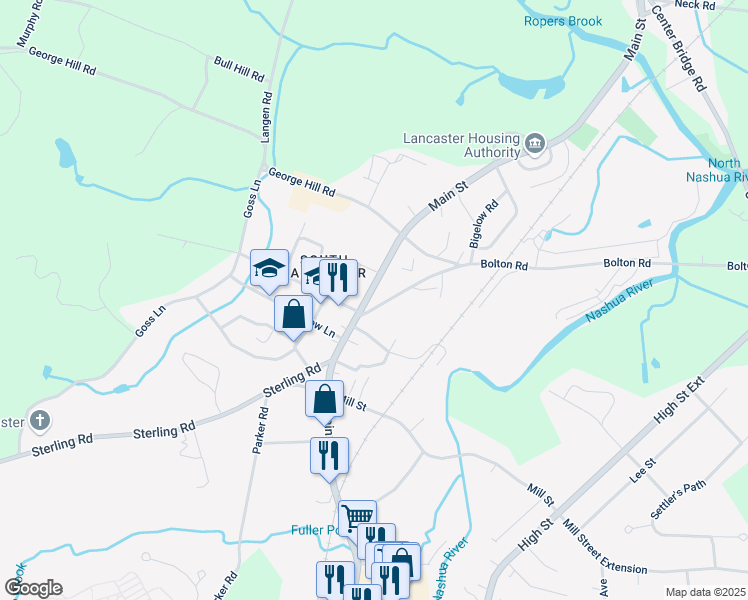 map of restaurants, bars, coffee shops, grocery stores, and more near 283 Main Street in Lancaster