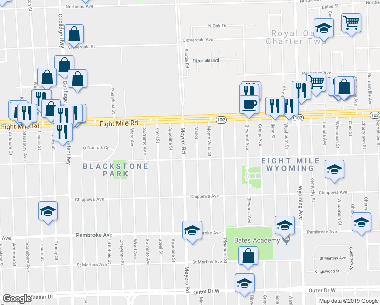map of restaurants, bars, coffee shops, grocery stores, and more near 20422 Meyers Road in Detroit