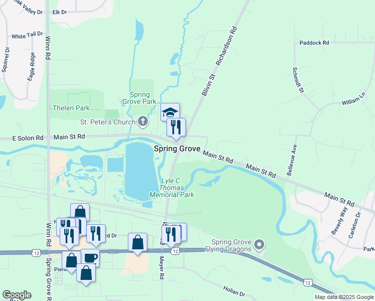 map of restaurants, bars, coffee shops, grocery stores, and more near 1921 Main Street in Spring Grove