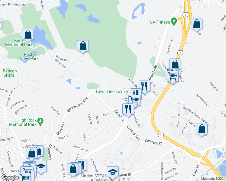 map of restaurants, bars, coffee shops, grocery stores, and more near 19 Penny Hill Road in Melrose