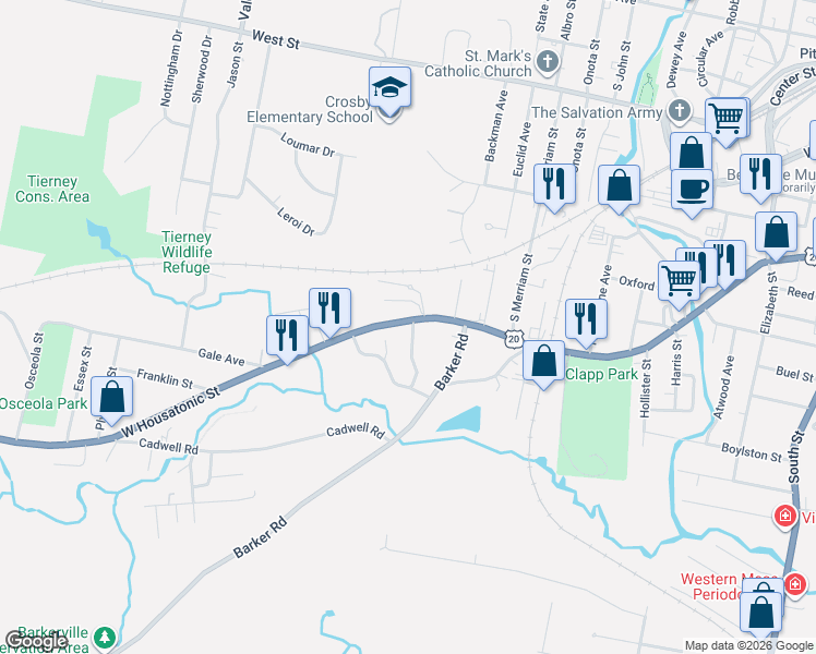 map of restaurants, bars, coffee shops, grocery stores, and more near 374 West Housatonic Street in Pittsfield