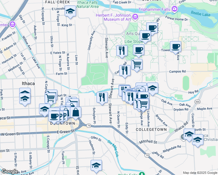 map of restaurants, bars, coffee shops, grocery stores, and more near 512 Stewart Avenue in Ithaca