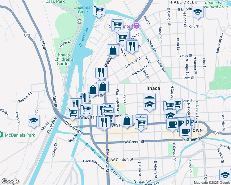 map of restaurants, bars, coffee shops, grocery stores, and more near 607 Cascadilla Street in Ithaca