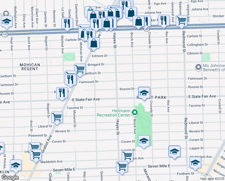 map of restaurants, bars, coffee shops, grocery stores, and more near 15027 Rossini Drive in Detroit
