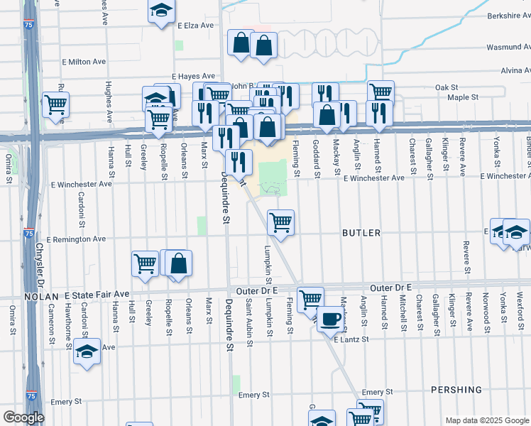 map of restaurants, bars, coffee shops, grocery stores, and more near 2048 Pointer Street in Detroit