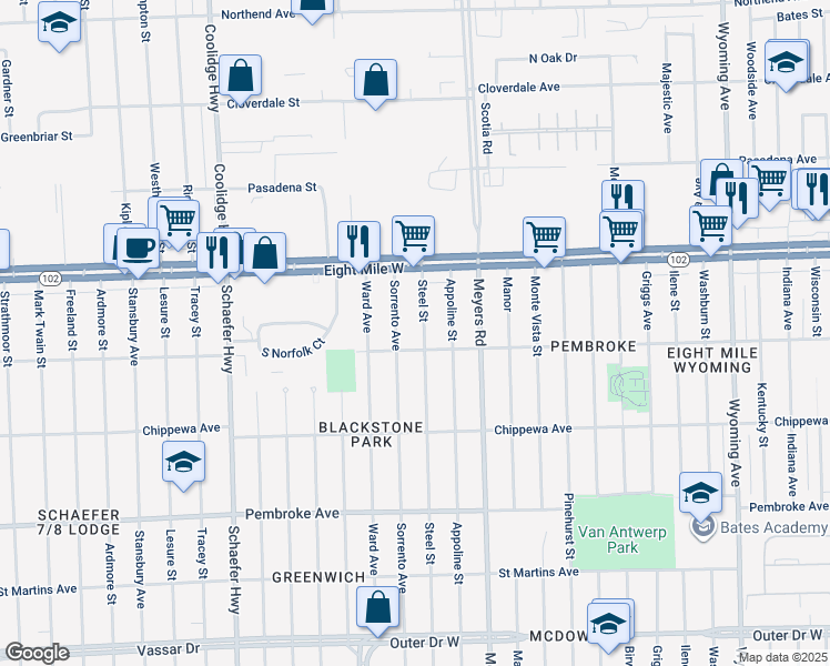 map of restaurants, bars, coffee shops, grocery stores, and more near 20459 Steel Street in Detroit