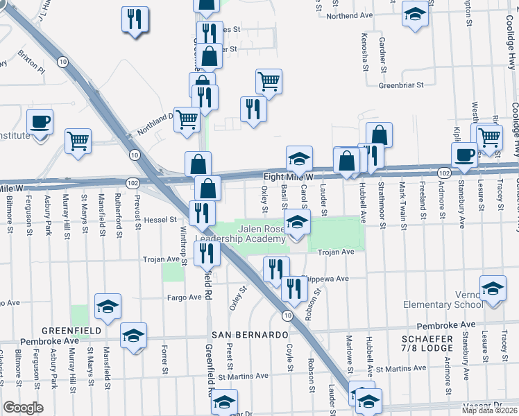 map of restaurants, bars, coffee shops, grocery stores, and more near 20510 Audrey Street in Detroit
